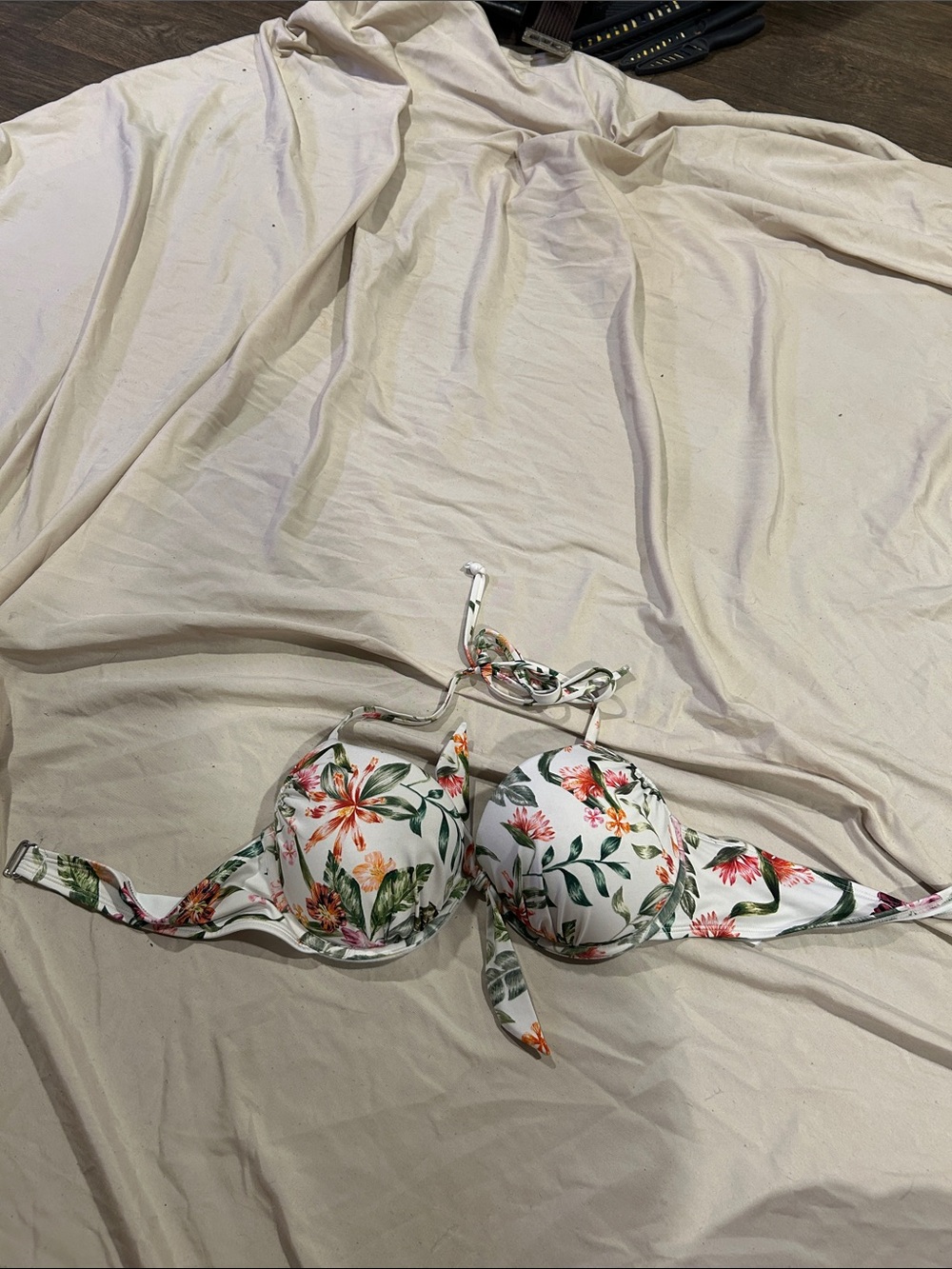 H&M White Floral Halter Bra Top with Green and Pink Print